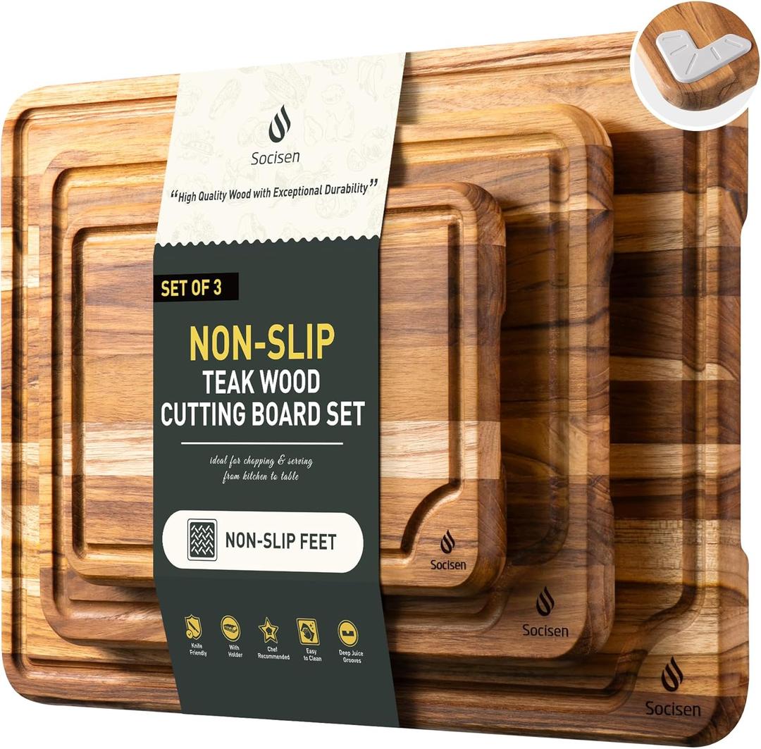 Teak Wood Cutting Board Set for Kitchen HighEnd Non Toxic Non Slip Over Sink Solid Thick Wood Haus Chopping Board Extra Large Big Small Best Kitchen Essential House Warming Hostess Host Gift