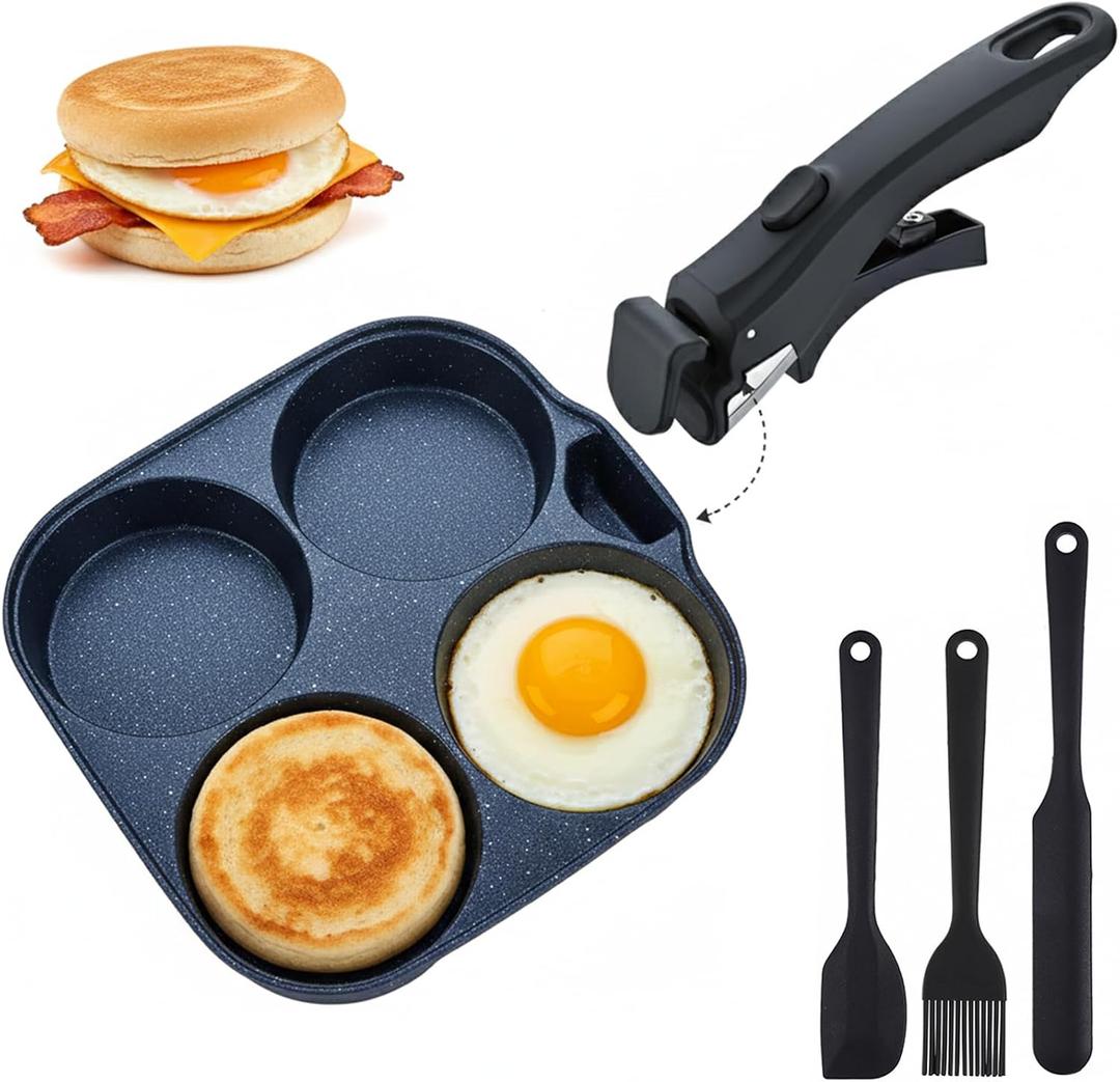 4-Cup Egg Pan Nonstick, Aluminum Omelette Pan with Detachable Handle, Fast Heating Breakfast Omelette Skillet for Fried Eggs Cooker, Pancakes, Suitable for Gas Stove & Induction Cookware