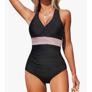 Anrabess Swimsuits for Women Tummy Control One Piece Bathing Suit Modest Ruched Color Block Slimming V Neck Swimwear, XXL