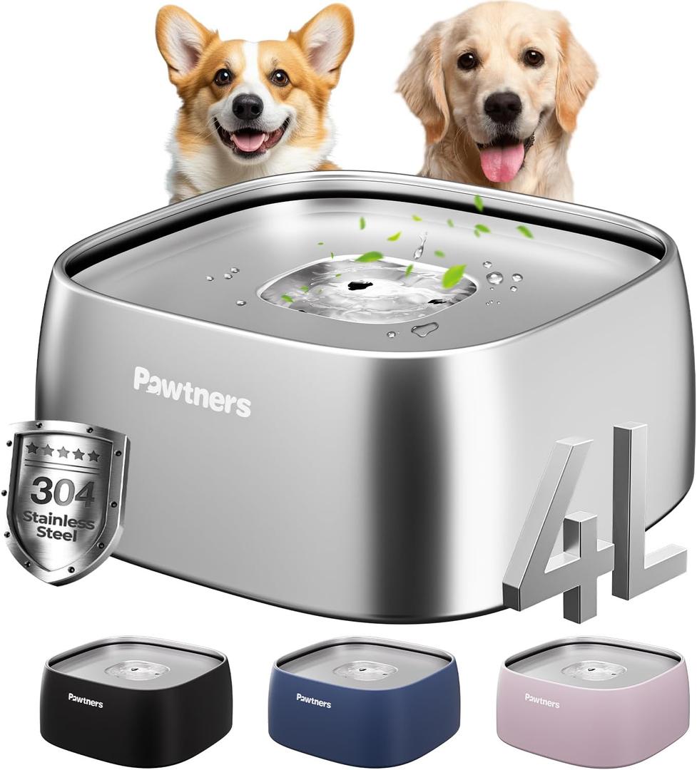 Dog Water Bowl No Spill, 4L All Stainless Steel Slow Water Bowl for Dogs with Non-Slip Base, Spill Proof for Medium Large Messy Drinkers, Slow Drinking, Slobber Stopper, No Mess, Silver