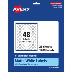 Avery Matte White Round Labels, Sure Feed Technology, 1" Diameter, 1,200 Matte White Printable Labels