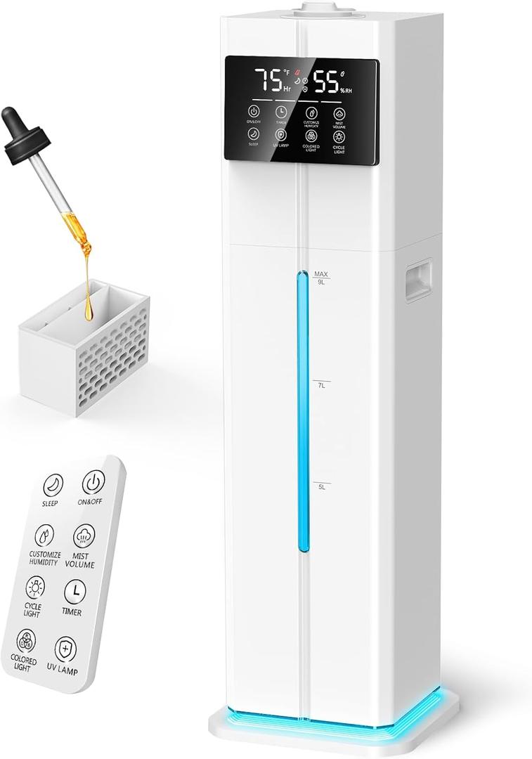 Humidifier Large Room,2.4Gal Cool Mist Humidifiers for Bedroom 9L High Capacity 24dB Quiet Air Humificador fit Removable Water Tank 360° Adjustable, Top Fill & Easy Clean with Remote Control, White
