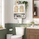 RUSTOWN Rattan Bathroom Wall Cabinet, Boho Medicine Cabinet with 2 Arched Doors, Farmhouse Over the Toilet Storage Cabinets with Adjustable Shelves & Towel Bar, 3-Tier Wall Mounted Cabinets