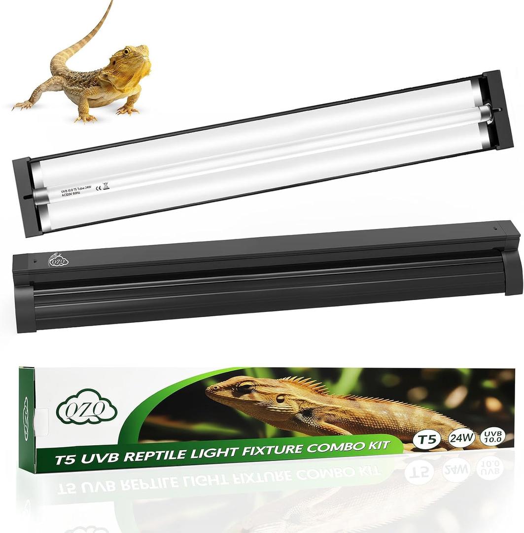 QZQ T5 UVB Reptile Light Fixture Combo Kit 24W, 10.0 UVB Light for Reptiles, Terrarium Hood Comes with Desert Reptile Lamp for Bearded Dragon, Gecko, Tortoise, Lizard