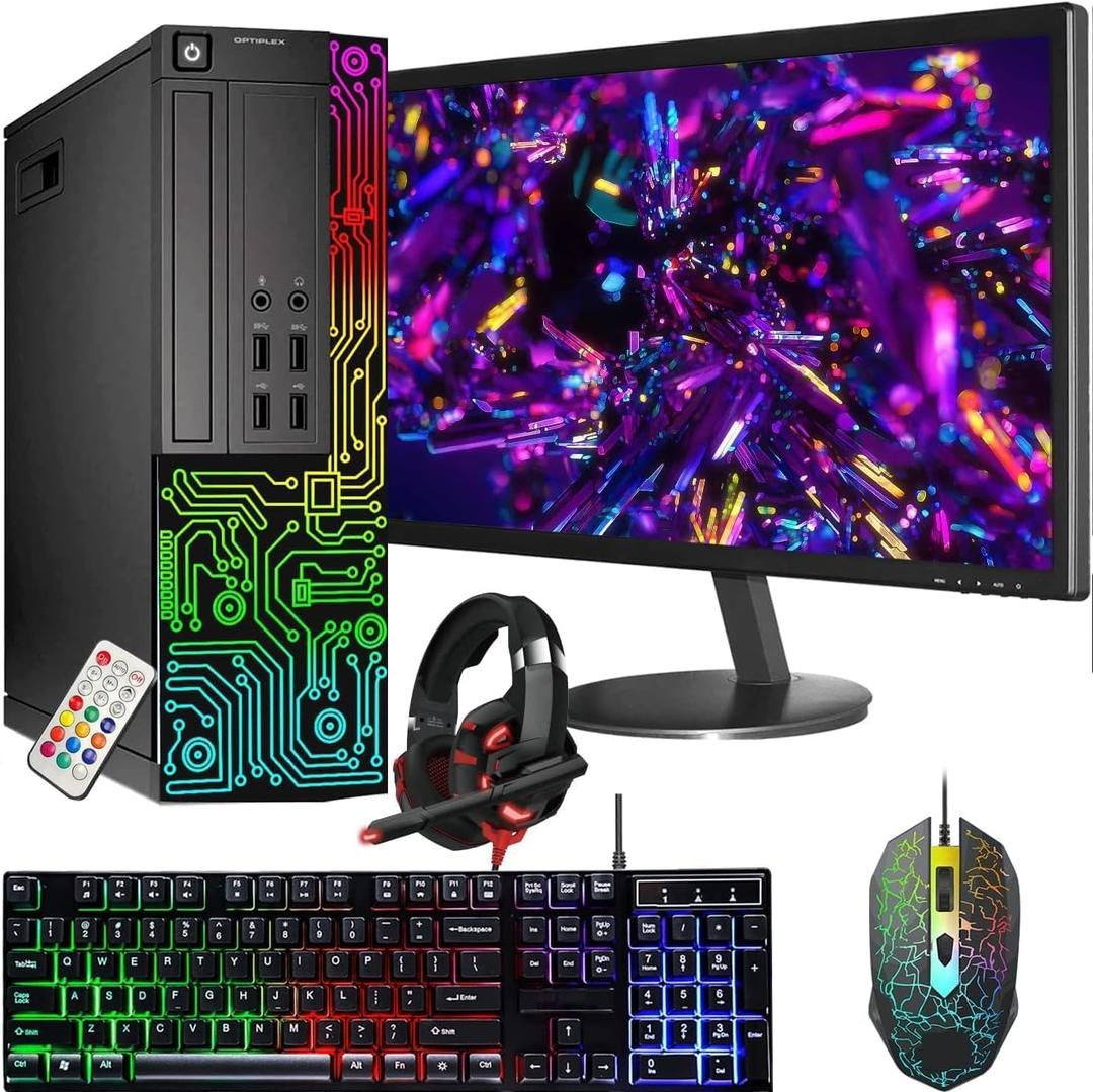 Dell OptiPlex Desktop RGB Computer PC, Intel Core i7 Core Processor, 16G RAM, 512G SSD, 24 Inch HDMI Monitor, RGB Keyboard & Mouse & Headset, WiFi, Windows 11 Pro 