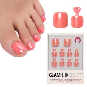 Glamnetic Press On Toenails - Natural, Glazed Fake Nails 32 Pc Full Kit | Sun-kissed coral press on toenails for women. Vibrant summer glue-on set. Waterproof, chip-resistant, up to 2 weeks wear