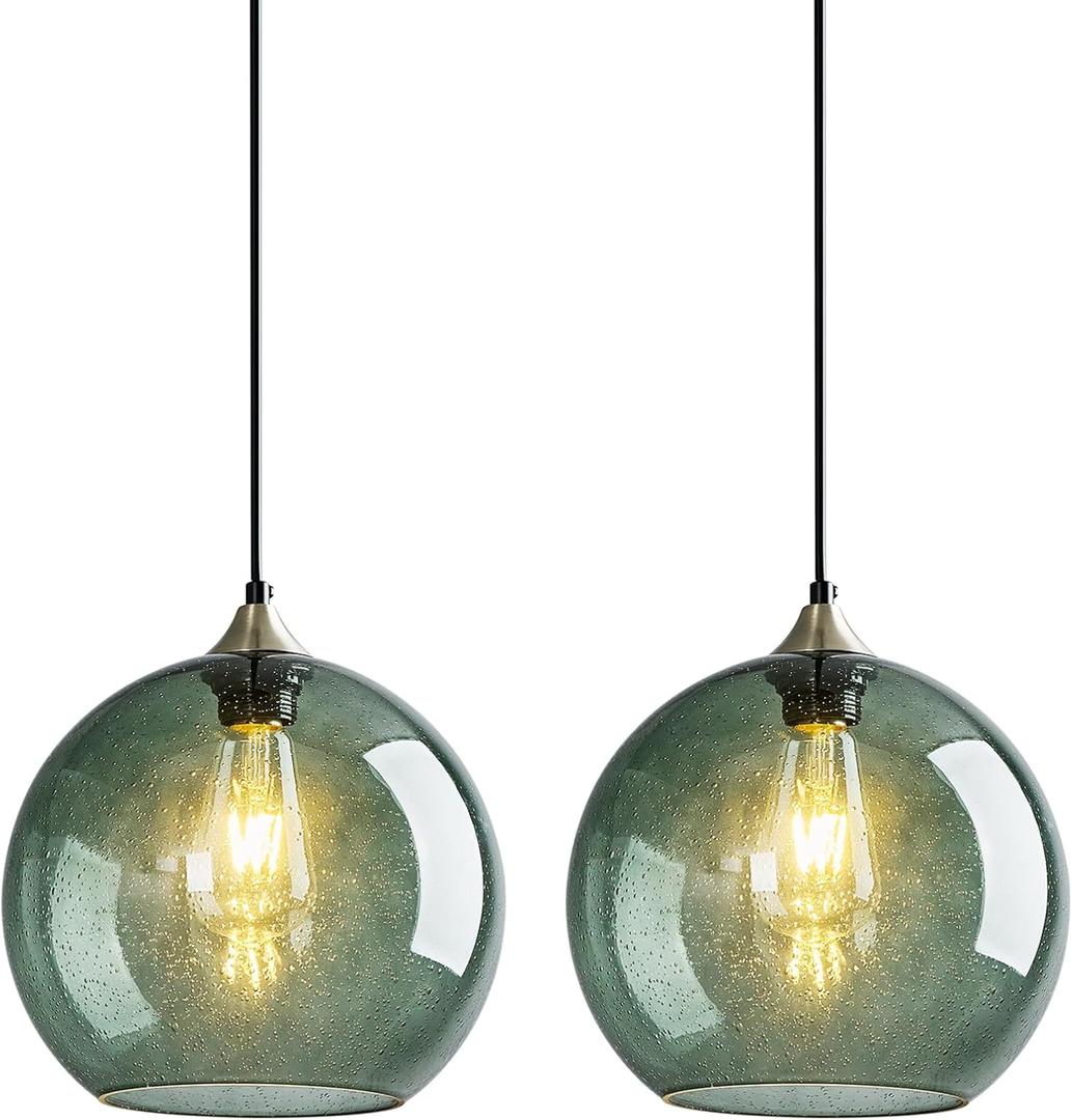 Gray Green Glass Pendant Lights Kitchen Island Lighting Globe Pendant Light Fixtures Modern Pendant Lighting for Kitchen Island Bedroom Living Dining Room Light Fixture(9.84in, 2-Pack)