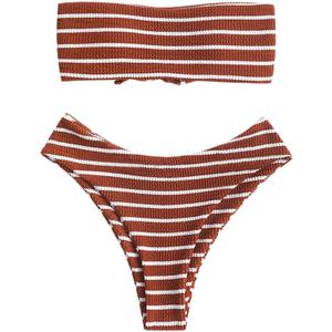 ZAFUL Women Strapless Ribbed High Cut Bandeau Bikini Lace Up 2 Pieces Swimwear (Small, 6-coffee)