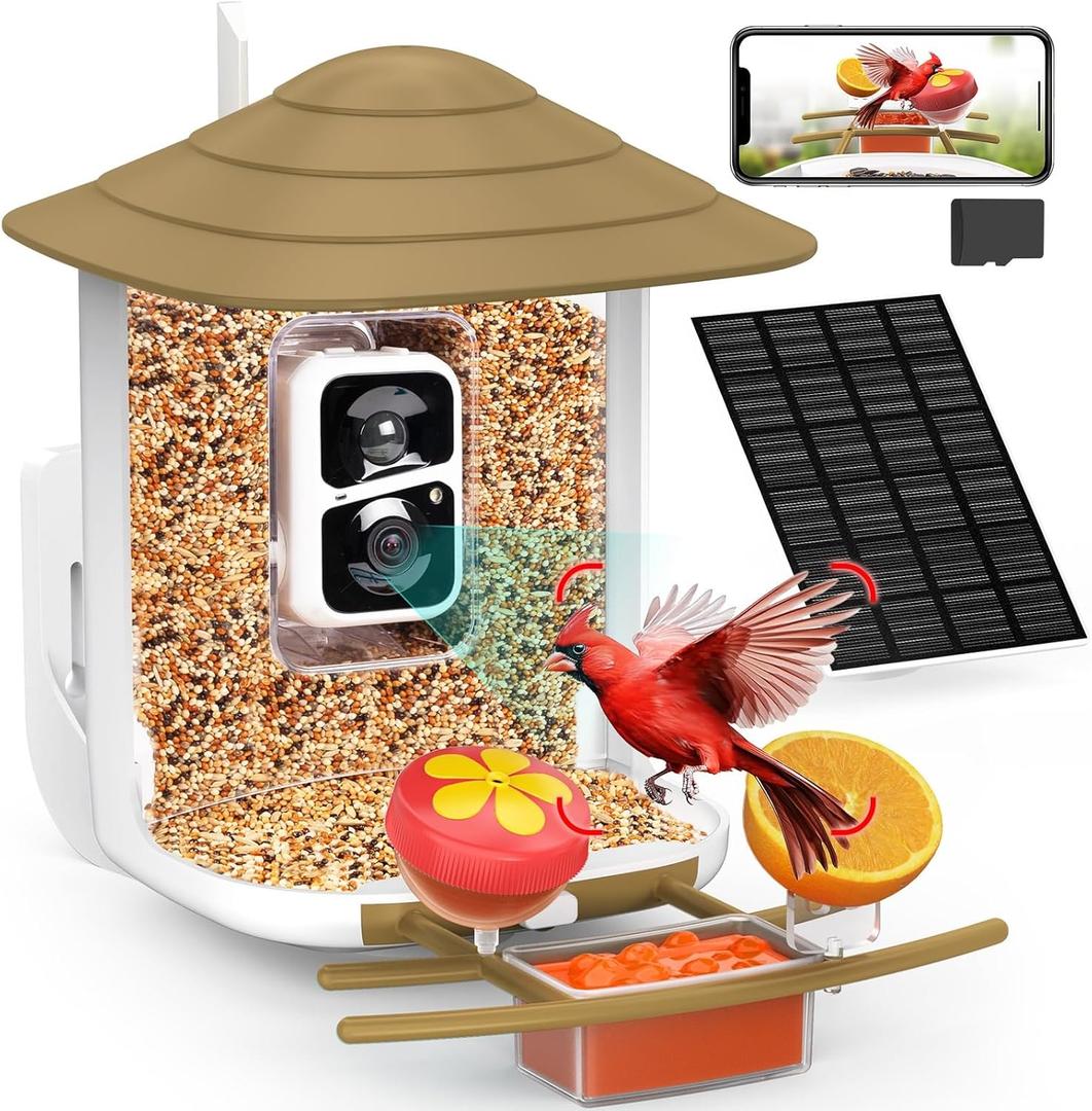 birdsnap TUC Smart Bird Feeder with Camera 2K HD, Solar Panel 32GB Card 4-in-1 Perch, 160View Auto Detect & Notify AI Identify Video Bird Camera Wireless Outdoors Ideal Gift for Birds Lover (Light Brown)
