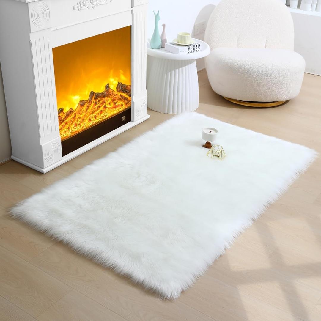 Fluffy Faux Fur Rug White Sheepskin Area Rug,3x5 Ft Ultra Soft Shaggy Plush Rug for Bedroom Bedside Living Room Nursery Kids Room