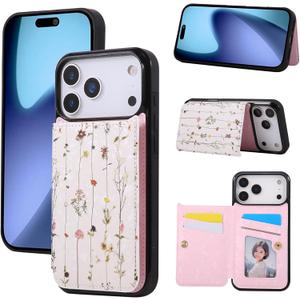 UEEBAI Wallet Case for iPhone 17 Pro Max with Card Holders, PU Leather Floral Cover Kickstand RFID Blocking Double Magnetic Clasp Rilievo Flower Flip Case for Women Girls - Tree Vine