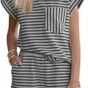 Tankaneo Womens 2 Piece Short Sets Striped Summer Outfits Cap Sleeve Tops and Elastic Waist Lounge Matching Set (Small, Grey)