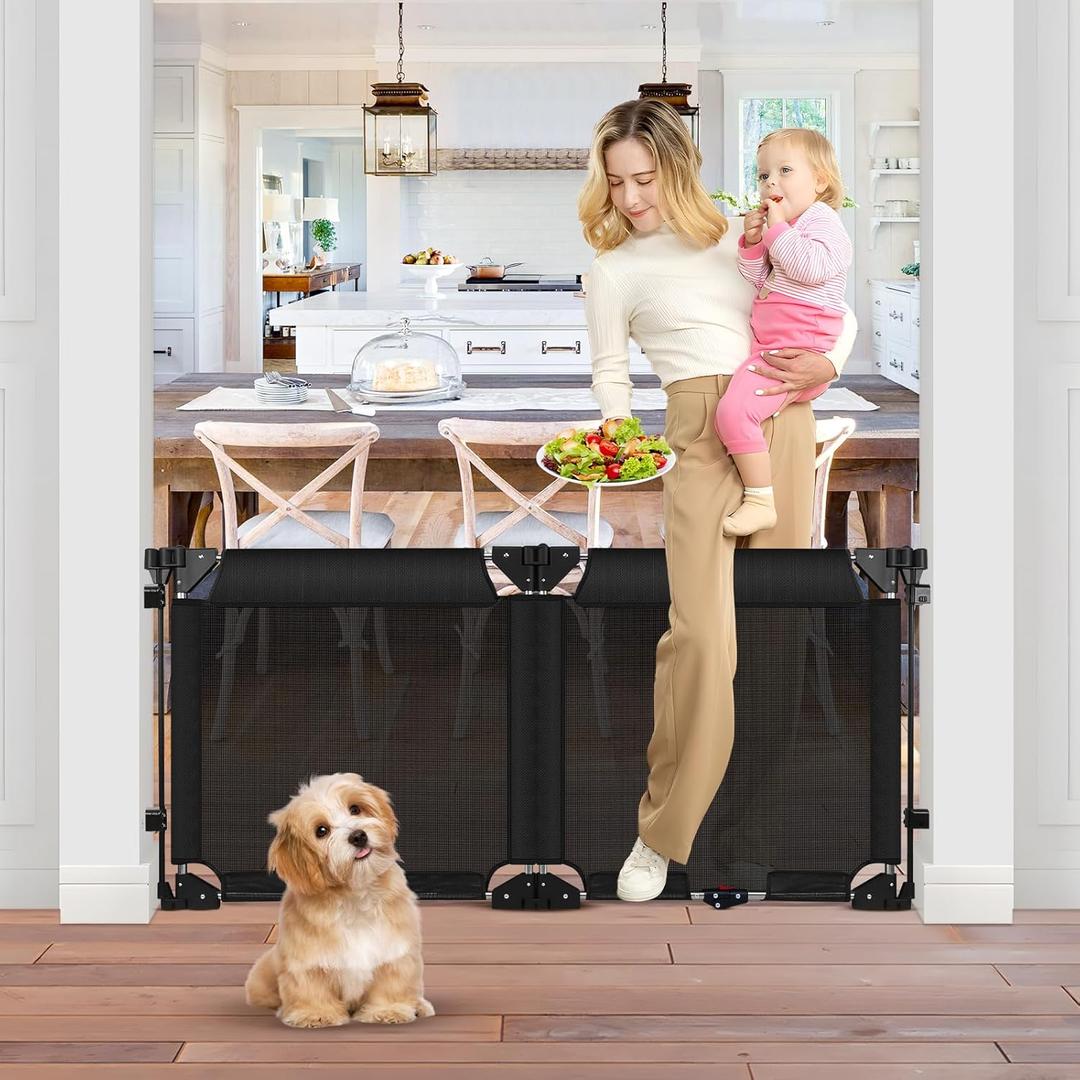 27.5 Inch Tall Folding Dog Gates for Doorways 27.5"-55" Wide 2 Panel Expandable Mesh Baby Gate Short Adjustable Mesh Dog Gate Step Over Puppy Gates for The House Small Doggy Barrier Indoor