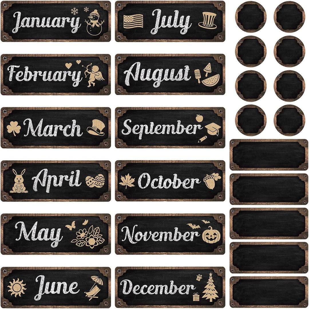 Gueevin 60 Pcs Industrial Chic Months of the Year Bulletin Board Set Holiday Monthly Headliners Employee of the Month Sign 12 Seasonal Monthly Headers for School Classroom Teacher Chalkboard Calendar