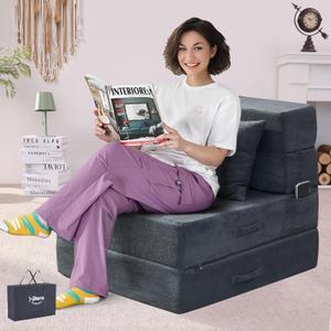 Folding Sofa Bed, 4 in 1 Convertible Sleeper Chair with Pillow, Single Memory Foam Fold Out Chair Bed, Modern Floor Futon Sofa Couch Mattress for Living Room/Guest/Apartment, Dark Grey, Single 76x26x6 in
