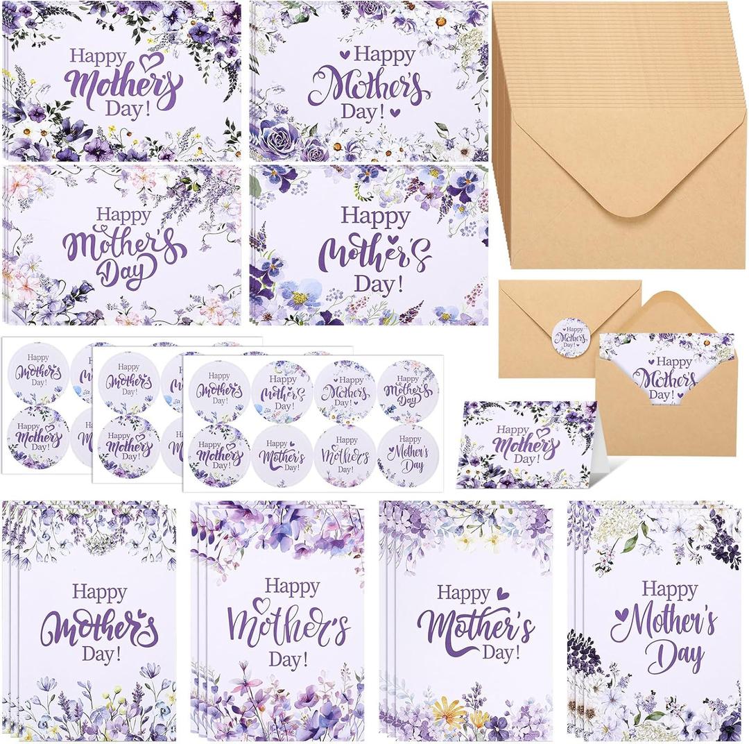 Epakh 24 sets Purple Flower Mother's Day Handmade Greeting Card Set with Envelope Round Sticker for Women's Birthday Celebration Party Mother's Day Wedding Valentine Supplies