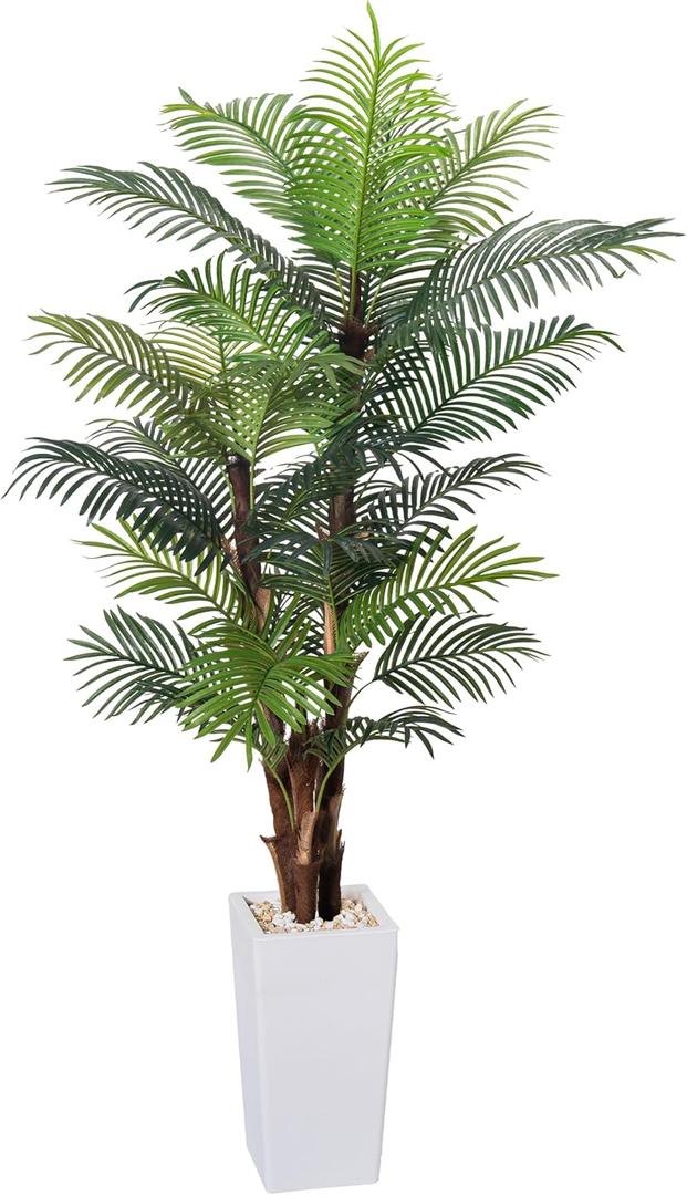 Artificial Palm Tree 7FT, Fake Tree with Realistic Fiber Trunks and White Tall Planter, Faux Tropical Areca Floor Plant in Pot, Artificial Silk Plant for Home Decor Office Decor Indoor (6in)