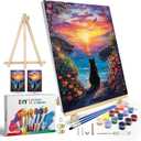 JOOZ Paint by Numbers Kit for Adults with Frame, Black Cat Paint by Number with Easel, DIY Seaside Sunset Flowers Paint by Numbers Landscape for Home Wall Decor 8 x 12 Inch