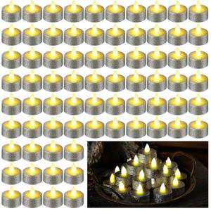 Fumete 72 Pcs LED Glitter Votive Tealights Wedding Flameless Battery Tea Lights Candles Bulk Decorations Flickering LED Tea Light Candle Centerpieces for Table Decor Anniversary(Silver)