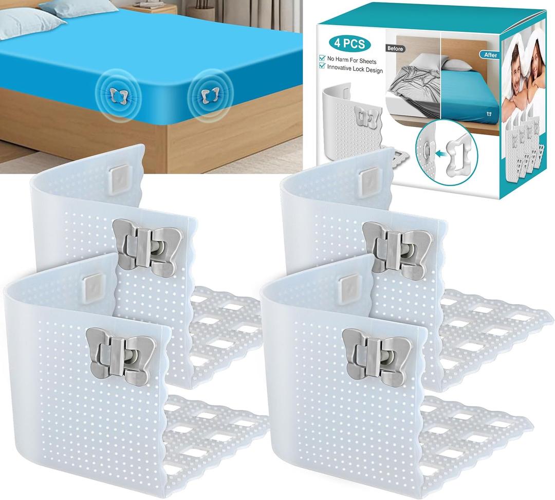 Bed Sheet Holder Lock,Fitted Sheet Straps Holders Keep Sheets Firm&Tight in Place,Mattress Straps Bed Sheet Clips Corner Holders Sheets Stay Fasteners Organizer-4Pack (Clear)