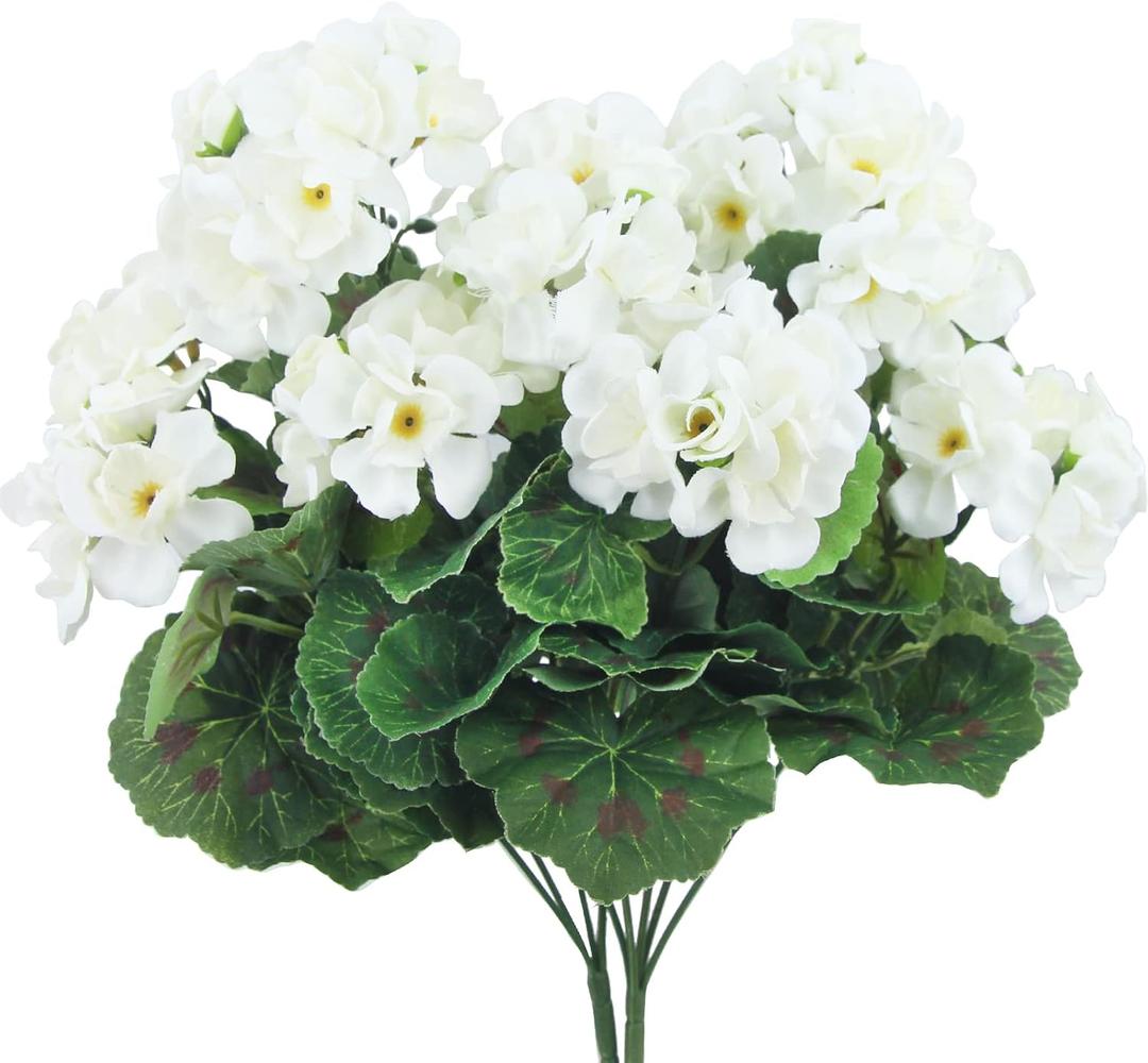 CISDUEO 2 Pcs Artificial Geraniums for Outdoor Silk Flowers White Artificial Geranium Bush Faux Flowers Geraniums for Floral Home Decor Indoor Garden Patio Grave Cemetary Vase Table Centerpiece