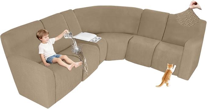 ALIECOM 100% Waterproof Recliner Sectional Couch Covers L Shape Stretch Corner Reclining Sectional Sofa Cover Washable Recliner Slipcover Protector for Dog Pet (5 Seat and 1 Console, Khaki)