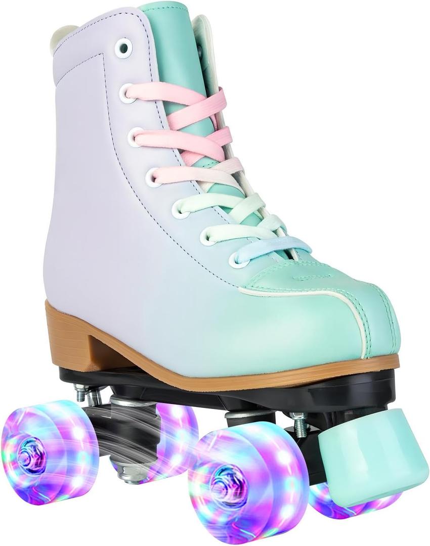 Roller Skates for Girls and Women, PU Leather Gradient Green Purple Roller Skates with Flash Wheels, Indoor Outdoor Roller Skates for Youth Beginner Girls Ages 8-12 (37-US Women 7/ Youth 6)