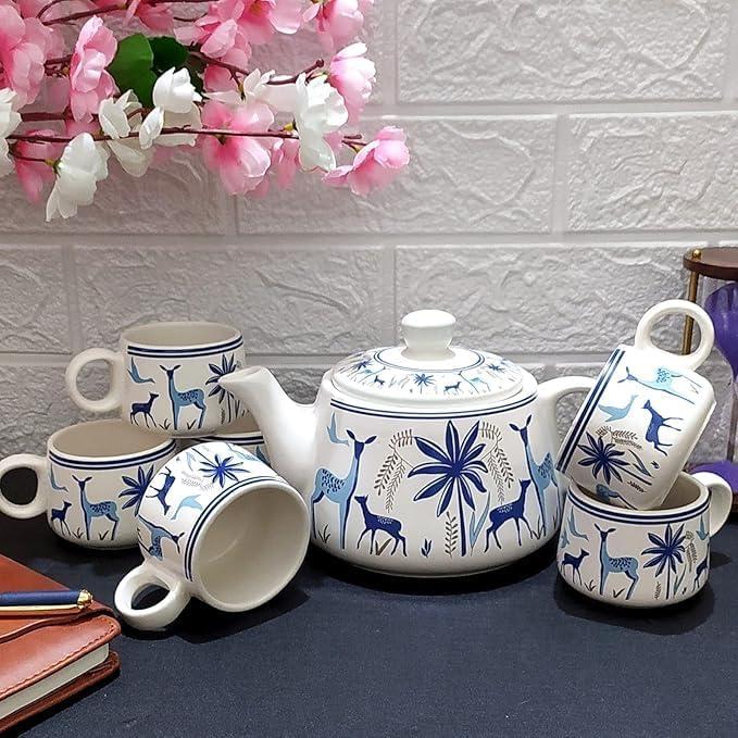 Hand-Painted Ceramic Morning Tea Kettle Set with 6 Cups (150ml) and 1 Kettle (900ml) Set of 7 - Ideal Gift for Friends & Relatives. Blue and White.