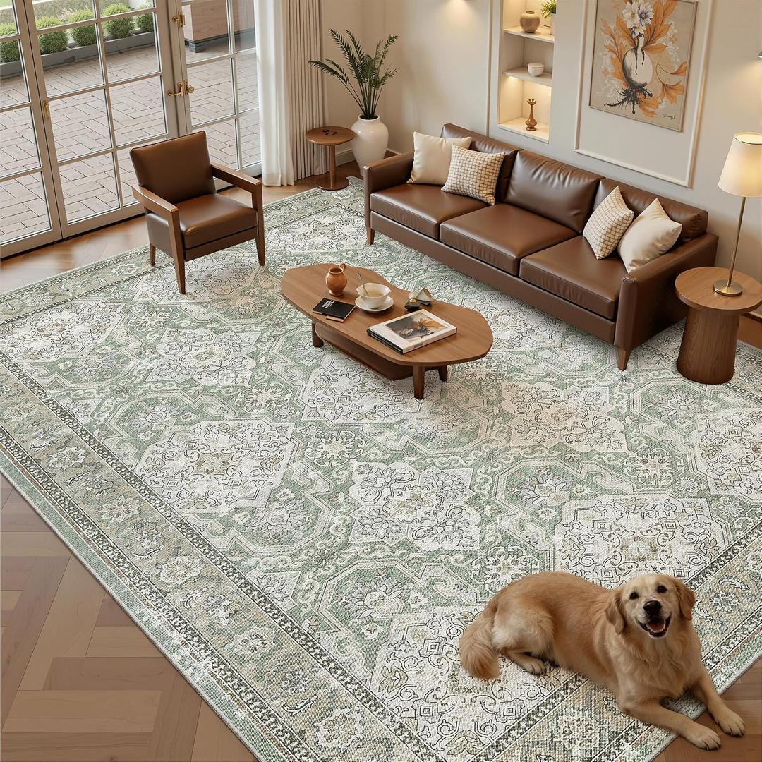 Soalmost 8x10 Area Rugs, Washable Rugs, Large Stain Resistant Area Rug for Living Room Bedroom Dining Room, Vintage Farmhouse Rug Green