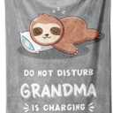 Funny Gifts for Grandma, Grandmas Birthday Gift from Grandkids, Grandma is Charging Sloth Blanket 60" x 50", Grandmas Gifts for Christmas Mothers Day, Super Soft Blanket for Grandmother (Grey)