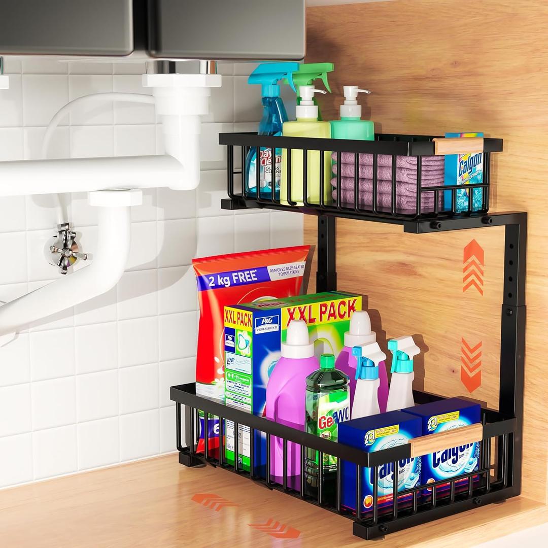 Under Sink Organizer, 2-Tier Pull-Out Cabinet Organizer  Adjustable Height, Left or Right Install  Smooth Slide-Out Drawers, Heavy-Duty Metal Rack for Kitchen & Bathroom, 1 Pack