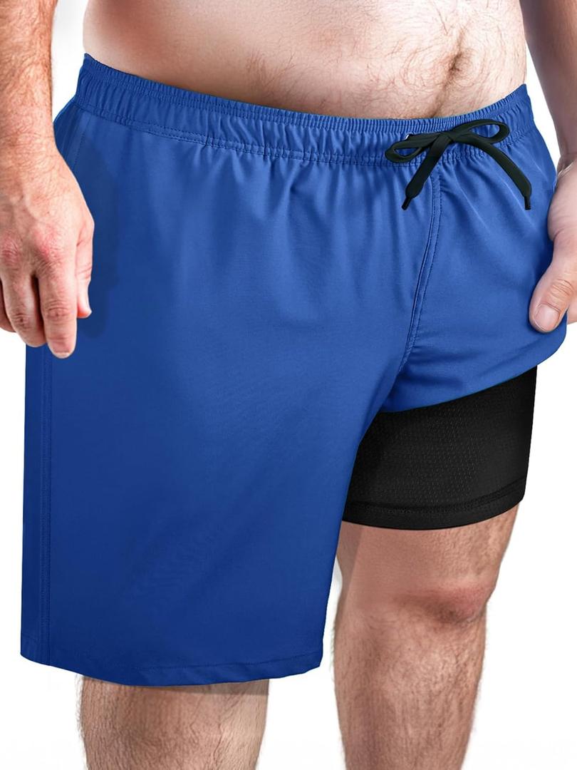 Arcweg Men's Big and Tall Swim Trunks Plus Size Swim Trunks Quick Dry Board Shorts with Compression Liner and Zipper Pockets 4XL, Dark Green