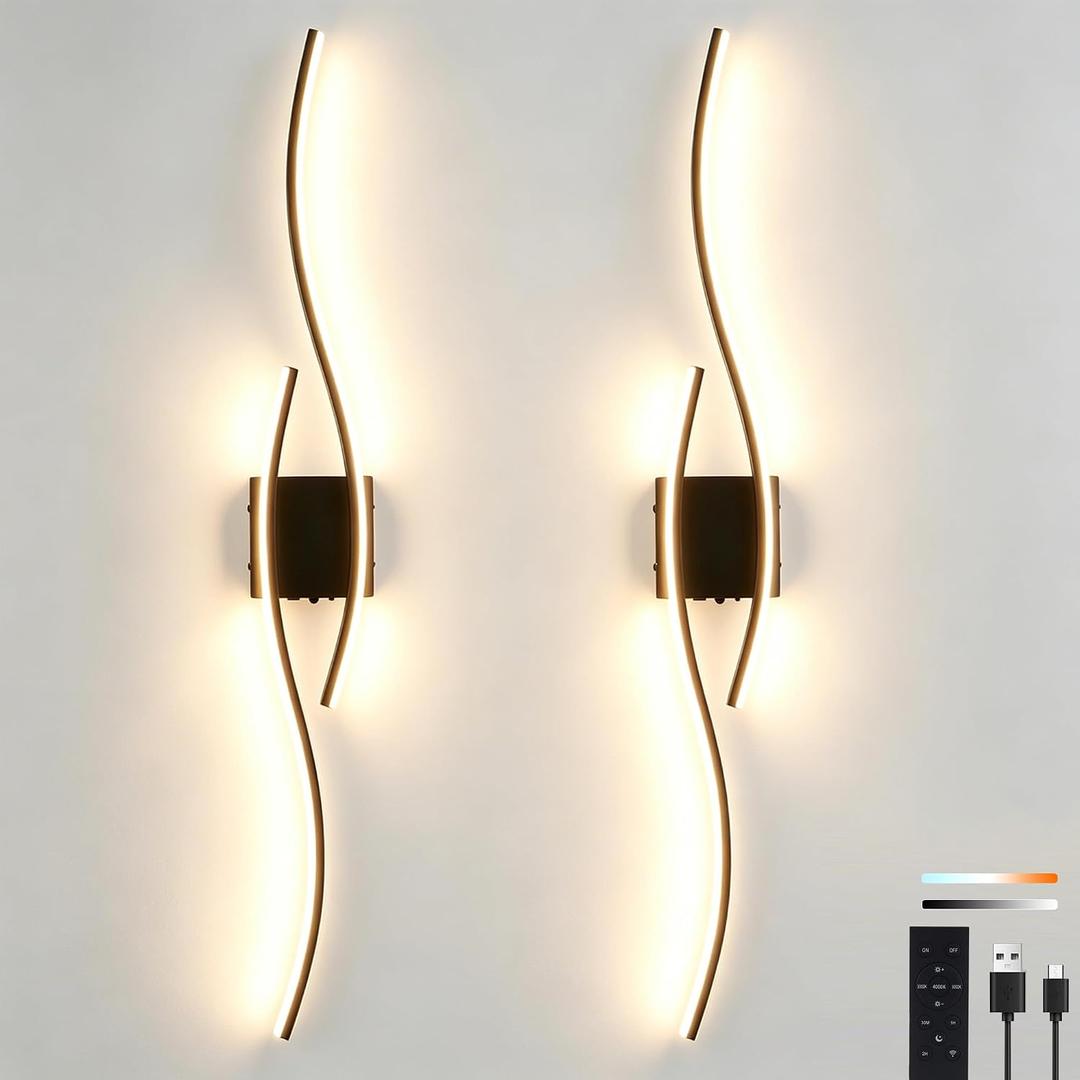 No Hardwire Battery Operated Wall Sconces Set of Two, 39.8" Wireless Sconces Touch & Remote Control Dimmable 3CCT Rechargeable Black Wall Lights for Living Room Bedroom Hallway., Battery Powered, 39.3in