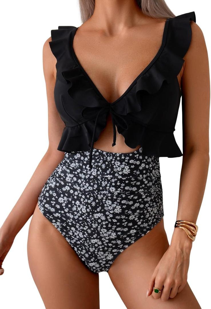 Eomenie One Piece Swimsuit for Women Tummy Control Ruffle Bathing Suit V Neck Ruched Swim Suit Slimming Cutout Swimwear (Large, Black White Print)
