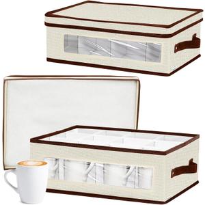 homyfort 2 Pack Mug Storage Box with Dividers, China Cup Storage Containers Organizer Hard Shell with Compartments for 24 Tea Cups and Coffee Mugs (Beige)