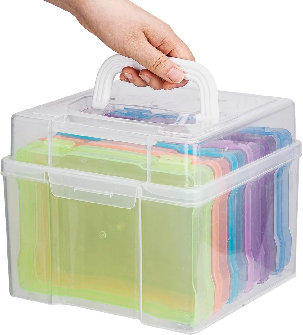 Photo Organizers and Storage 5x7  Plastic Photo Storage Box with Handle, 6 Colorful Inner Cases, Photo Boxes Storage for Cards, Stickers, Crafts, Seeds, Office Supplies (Rainbow)