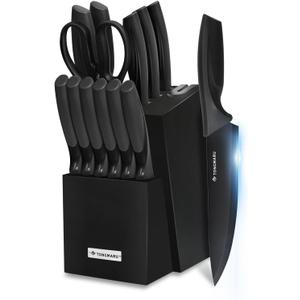 Knife Set with Sharpener  15 pcs High Carbon Stainless Steel Knives Block Set, Stainless Steel Knife Set, Built-in Sharpener Kitchen Knife set, With Anti slip and Ergonomic Handles (Black)
