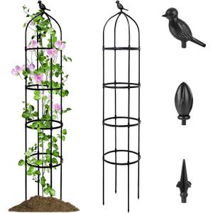 1 Pack Garden Obelisk Trellis for Climbing Plants Outdoor, 6FT Adjustable Metal Plant Support with 3 Decorative Tops, Black Rustproof Trellis for Roses, Tomatoes, Clematis & Vines