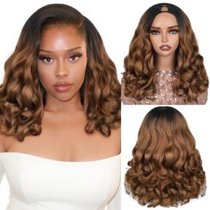 HANNE Yaki Curly V Part Wig U Part Synthetic Half wigs for Black Women 18 Inch Heat-Resistant Hair Replacement Wig (Ombre Brown)