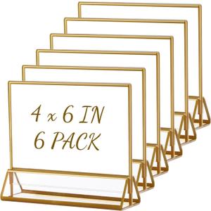Boxalls Acrylic Sign Holders 4x6 in Gold, 6 Pack Picture Frame Table Number Wedding Holder, Horizontal Photo Stand Double Sided, Menu Recipe Restaurant Reserved Display Centerpieces Bulk Frames