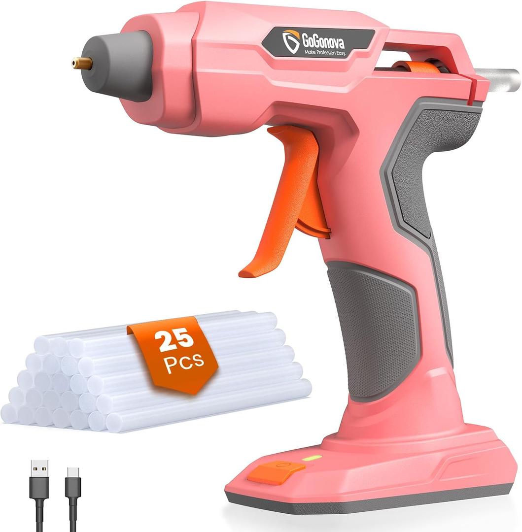 GoGonova Glue Gun, 20s Fast Preheating Anti-drip Cordless Glue Gun, 2Ah USB-C Rechargeable Hot Glue Gun with 25 Pcs Mini Glue Sticks Set, Smart Power-Off (Pink-25)