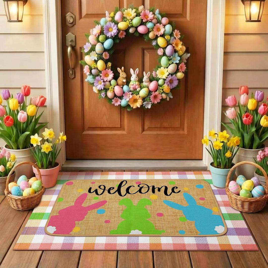 Tinideya 2 Pcs Easter Bunny Doormats Welcome Outdoor Spring Rabbit Door Mats Layered Front Door Rugs Non Slip Floor Mats for Porch Entryway Indoor Outdoor