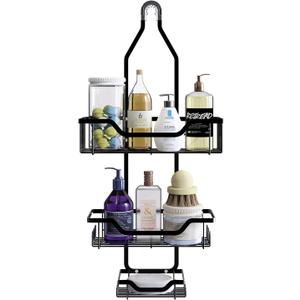 Shower Caddy Over Head Bathroom Hanging Organizer, Storage Rack Basket with Hooks for Razor and Sponge Rustproof (Black)