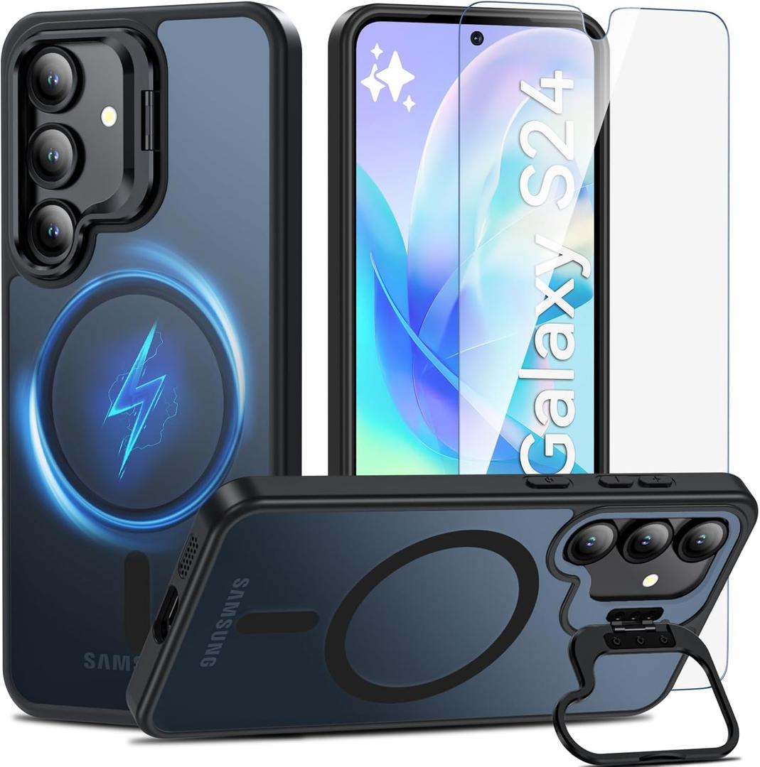 Fin2feel for Samsung Galaxy S24/S25 Case 6.2inch, with Tempered Glass Screen Protector, Magnetic [with Camera Stand Guard] Shockproof Translucent Matte Protective Case for Samsung S24/S25 (Black)