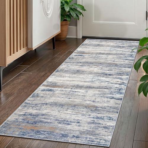 KOZYFLY Modern Abstract Washable Rug Runner 2x5 Hallway Rug Runner Non-Slip Soft Kitchen Runner Rugs, Distressed Grey-Blue Striped Carpet for Entryway Bathroom Laundry Room Foyer