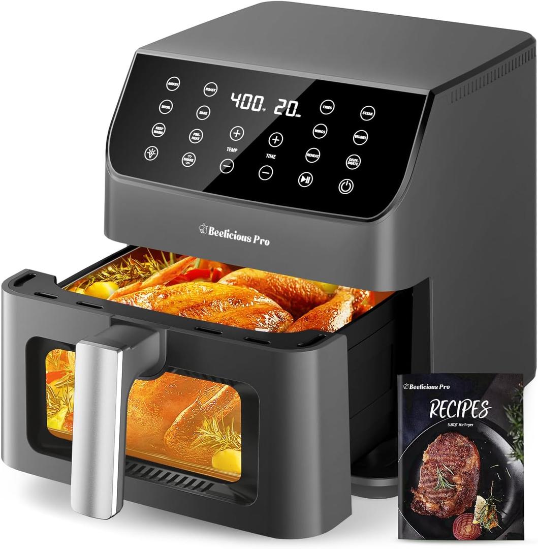 Beelicious Large AirFryer Machine, 12-in-1 Digital Airfryer with Window, Dishwasher Safe, 5.8Qt, 40+ Recipes, Flavor-Lock Tech, Shake Reminder, Compact, Quiet, Nonstick Air Fryers. Black