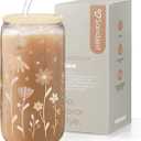 SANDJEST Flower Glass Can, Floral Cup with Lid & Straw, Iced Coffee Aesthetic Cups, Idea Gift for Christmas Birthday Mother Day, Gifts for Women, 16oz