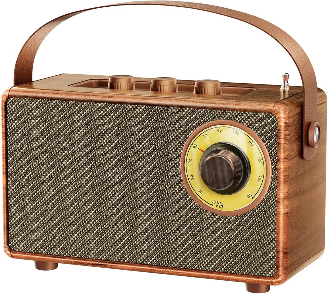 FREEFISH Portable Retro Speaker Bluetooth Radio Vintage Decor with FM Radio Rich Bass Bluetooth Speakers 5.3 Wireless Connection,TF Card, AUX for Home Office Bedroom (Brown)