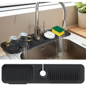 24 Inch Kitchen Sink Splash Guard5Slope Fast Draining Silicone Mat for Kitchen Sink Faucet Mat, Upgraded Sink Tidy Splash Guard for Bathroom Faucet Draining Mat (Black)
