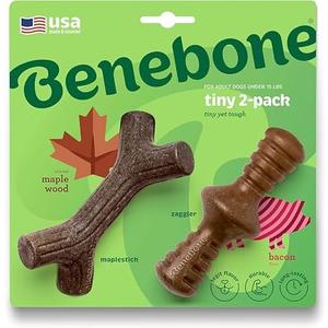 Benebone 2-Pack Maplestick/Zaggler Durable Dog Chew Toys, Real Bacon, Real Maplewood, Made in USA, Tiny, Extra Small, Brown